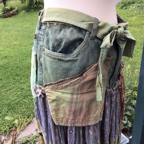 Boho up-cycled tiered patchwork overdyed jean / cotton distressed maxi skirt M/L - Picture 3 of 9